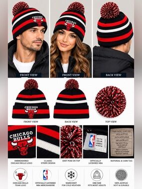 Chicago Bulls NBA Pom Beanie Black Red White Striped Knit Winter Hat 2014